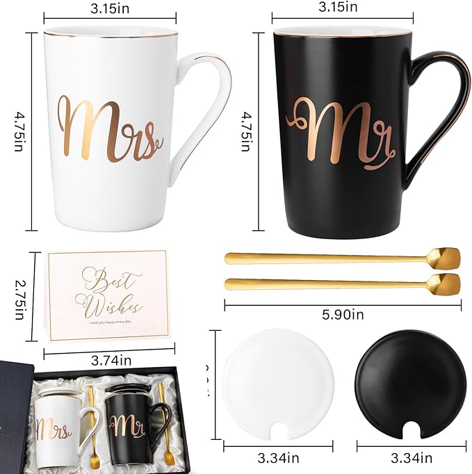 Mr and Mrs Mugs Set Printed with Gold, Wedding Engagement Gifts for Couples