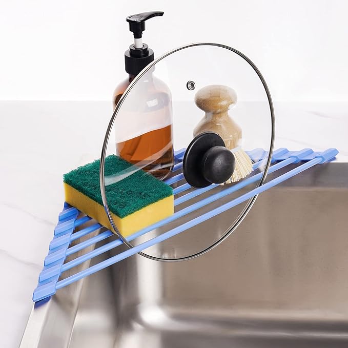 Tomorotec Triangle Roll Up Dish Drying Rack with Silicone Coating, Blue | 304 Stainless Steel with BPA-Free Silicone, Triangle Design Maximizes Sink Corner Space, Fits Compact Kitchens And RVs