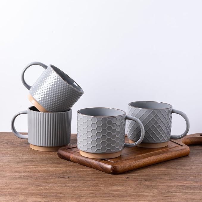 GBhome 15 OZ Stackable Coffee Mugs Set of 4, Ceramic Coffee Cups Set | 4 Assorted Designs, Embossed Mugs with Texture Patterns for Tea/Coffee, Dishwasher&Microwave Safe, Gray