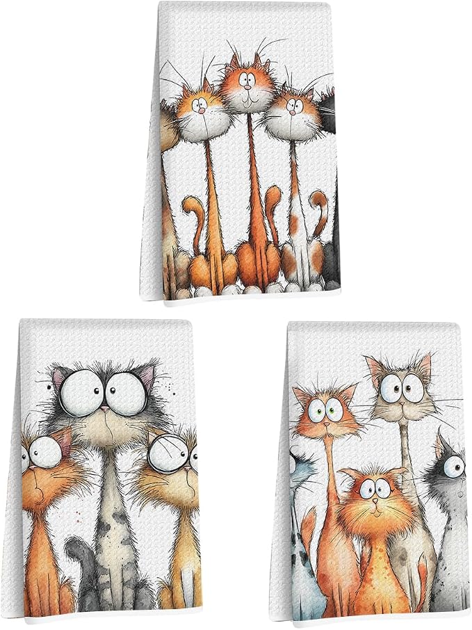 3 Pcs Cute Cat Kitchen Towels, Funny Cats Gifts Absorbent Hand Towels-03 | Cat Dish Cloths for Drying Dishes, Cats Waffle Dish Towels for Kitchen Home Bathroom Decor, Cat Lover Gifts for Women Mom