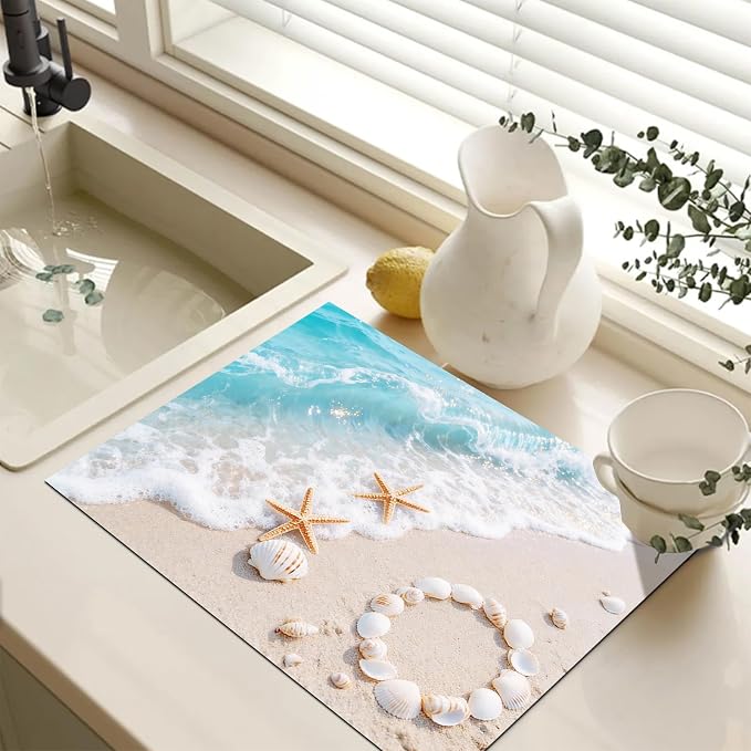 HOMETITUTE Summer Stove Top Covers for Electric Stove 28x20 Inches Coastal Seashell Artwork Heat Resistant Glass Cooktop Protector Pad Decorative Stovetop Cover for Kitchen Coffee Bar Decor