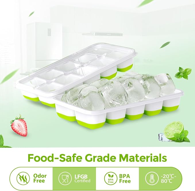 DOQAUS Ice Cube Tray with Lids, 2 Pack Silicone Ice Trays for Freezer | Stackable BPA & LFGB Safe, Easy Release for Kitchen, RV, Cocktail, Coffee, Soup & Food