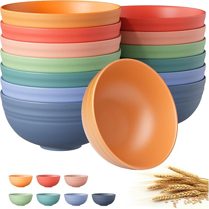 Quatish 14 PCS Unbreakable Cereal Bowls,Dishwasher & Microwave Safe Wheat Straw Bowls, Easy-to-Clean Lightweight Desserts & Soup Bowl, Portable for Picnics ，Snack Plastic Bowls Set，Multi-Color