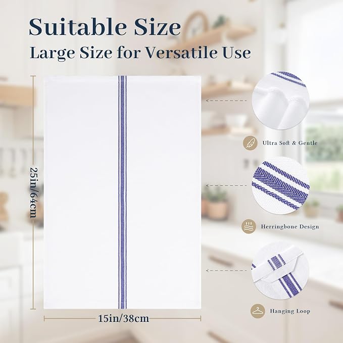 Homaxy 100% Ring Spun Cotton Kitchen Towels 8 Pack, Blue Stripe | 15 x 25 Inch, Highly Absorbent Dish Towels for Kitchen Drying, Reusable Cleaning Cloths, Soft Tea Towels with Hanging Loop