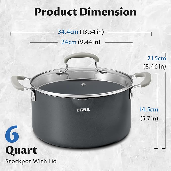 BEZIA 6 Quart Ceramic Non Stick Stock Pot with Strainer Lid & Pour Spout | PFAS-Free Pasta Pot for Easy Straining, Oven Safe Induction Cooking Pot with Stay-Cool Silicone Handles for Soup, Chili, Stew