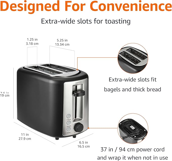 Amazon Basics 2 Slice Toaster, Extra Wide Slots for Bagels, 6 Browning Settings, Removable Crumb Tray, Defrost/Cancel/Bagel Buttons, Cord Wrap, 900W, Black & Silver