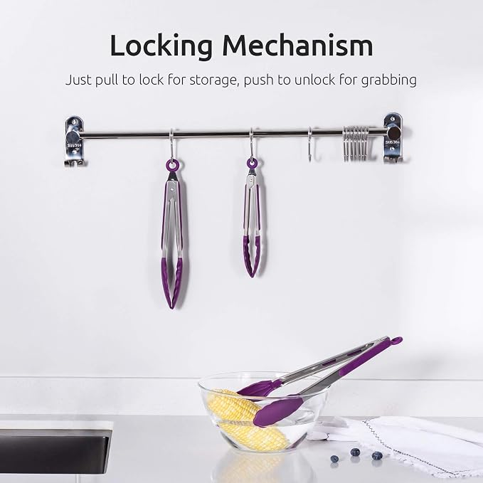 U-Taste Kitchen Tongs for Cooking, 600ºF Heat-Resistant Tps, 3Pcs/Purple | Silicone Tong Set 7/9/12in, Salad/Grill/BBQ Plastic Tongs for Food Serving, Rubber Thong with 18/8 Stainless Steel Handle