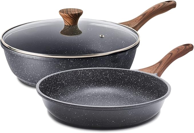 SENSARTE Nonstick Frying Pans, Grey(9.5 Inch Frying Pan and 5QT Saute Pan) | Swiss Granite Coating, Free of PFOA&PFOS, Compatible with All Stoves Including Induction Cooktops, Easy to Clean