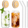 WISIMMALL Drinking Glasses with Bamboo Lids and Glass Straw 2PCS Set, 16oz Glass Cups with Lids and Straws, Beer, Iced Coffee Glasses, Soda, Gift 1 Cleaning Brushes