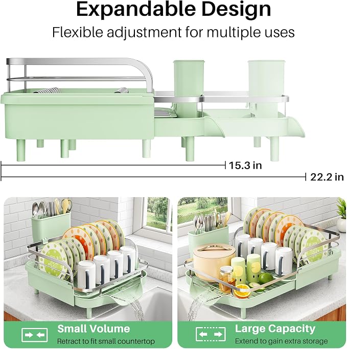 SAYZH Expandable Dish Drying Rack for Small Kitchen Counter, Green | Stainless Steel, Protective Guardrail, Angled Drainboard, Fits High-Rim Sinks, Removable Utensil Holder