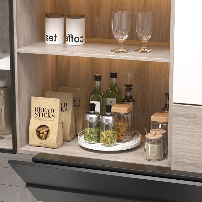 Oroyutor 10-Inch Oak Lazy Susan Spice Organizer, White Finish | Rotating oak tray organizes spices, toiletries and decor on kitchen counters, bathroom vanities, dining and coffee tables.