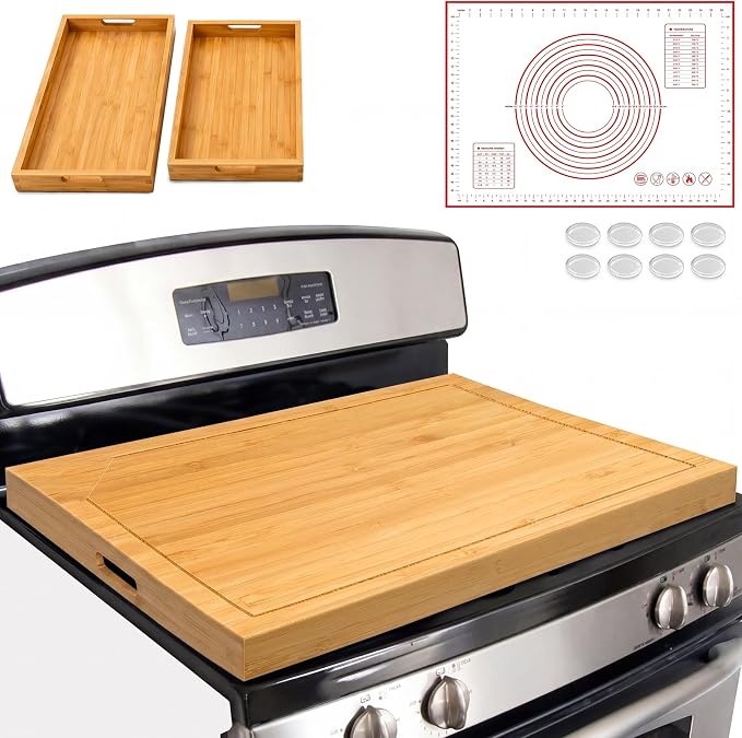 Bamboo Noodle Board Stove Top Cover 30x22 in Reversible 4-Piece Set | Wooden stovetop cover for gas & electric stove, cutting board with juice groove & handles, silicone mat, 2 trays, 8 pads