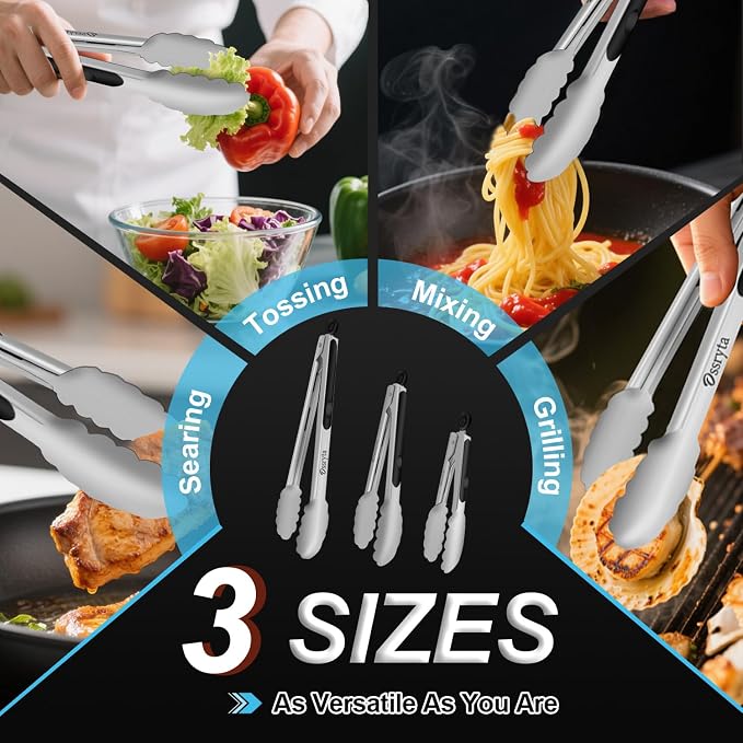 Stainless Steel Cooking Tongs Set of 3 - Heavy Duty 12/9/7 Inch Locking Tongs, Heat Resistant to 600 Degrees, Food Grade Kitchen Metal Tong for Food, Salad, & BBQ - Dishwasher Safe