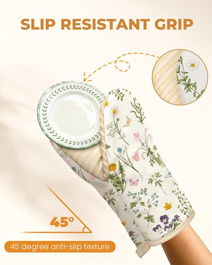 Slohif Mini Oven Mitts Set – Extended Short Heat Resistant Kitchen Gloves for Women, 100% Cotton Oven Mitts with Silicone Grips, Non-Slip and Thick Durable for Cooking & Baking，White
