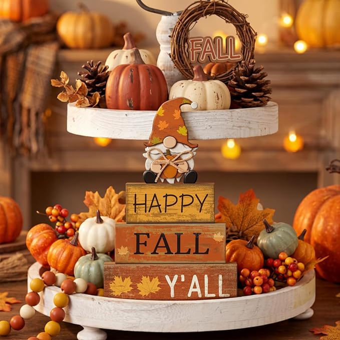 Lineshading 4 Pcs Fall Table Decor Wooden Block Signs with Gnome Set | Farmhouse Home Tiered Tray Pieces, Happy Fall Y'all Sentiment with Pumpkin Gnome, Rustic Thanksgiving Centerpiece