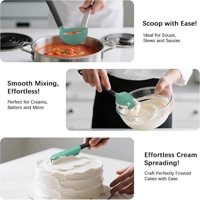 Coukre Silicone Kitchen Cooking Utensils Set, Heat Resistant, 14-Piece | Dishwasher-Safe, Food-Grade Silicone, BPA-Free, Spatulas, Spoons & Turner, Safe for Nonstick Cookware, AquaGreen
