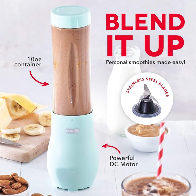 Dash Mighty Mini Blender - Small Personal Blender for Smoothies, Protein Shakes & Frozen Fruit with Travel Lid-Stainless Steel Blades, BPA Free Tritan™ Cup - 10 Ounce - Aqua