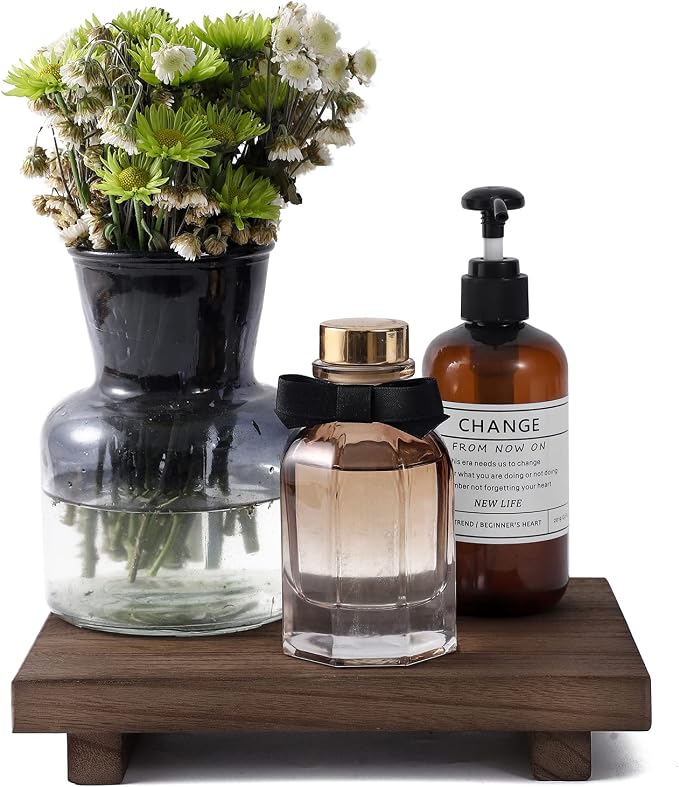 Wood Bathroom Tray Farmhouse Decor Kitchen Soap Holder, 9"x6" Walnut | Waterproof, Lightweight, Easy Clean, Small Wooden Riser Pedestal Stand Accessories for Office Desk, Vanity, Counter, Sink