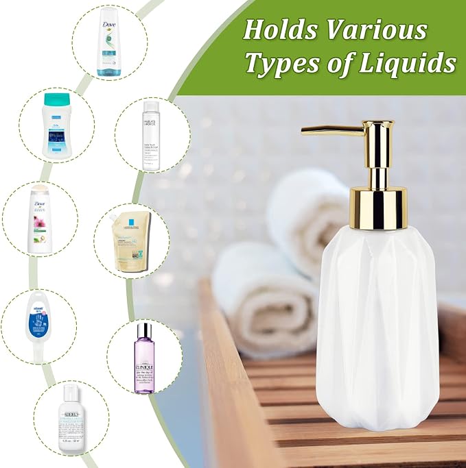 14OZ Hand Soap Dispenser for Bathroom and Kitchen, Ceramic (New White) | Refillable Hand Soap Dish Soap Dispenser, Great for Kitchen Sink, Liquid, Essential Oil & Lotion, Pump Dispenser Bottle