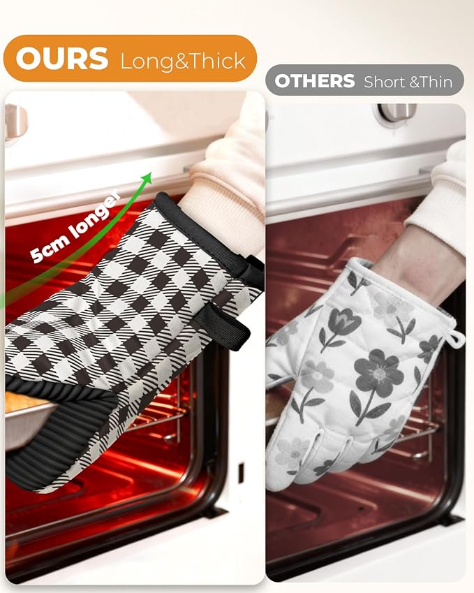 100% Thick Cotton Oven Mitts Ribbed Soft Silicone Black Gingham | Aesthetic Oven Mitts for Women, Machine Washable Non-Slip Kitchen Mitts, Reversible for Both Hands, Stylish Kitchen Decor