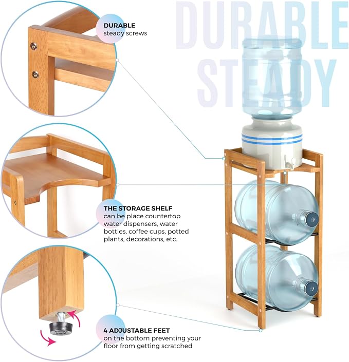 5 Gallon Water Jug Holder with Top Shelves, Natural Solid Wood Water Dispenser Stand 31"H, 3-Tiers 5 Gallon Water Jug Stand, Water Cooler Jug Rack, 5 Gallon Water Bottle Holder with 2 Slot & Top Shelf