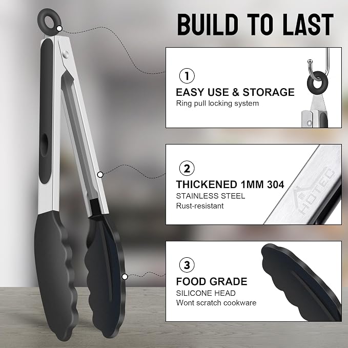 HOTEC Premium Kitchen Tongs, 7 & 9 Inch, Stainless Steel, Black, Set of 2 | Silicone Tips, Durable Spring Locking Mechanism, Non-Scratch & Heat Resistant, For Salad, BBQ, Serving