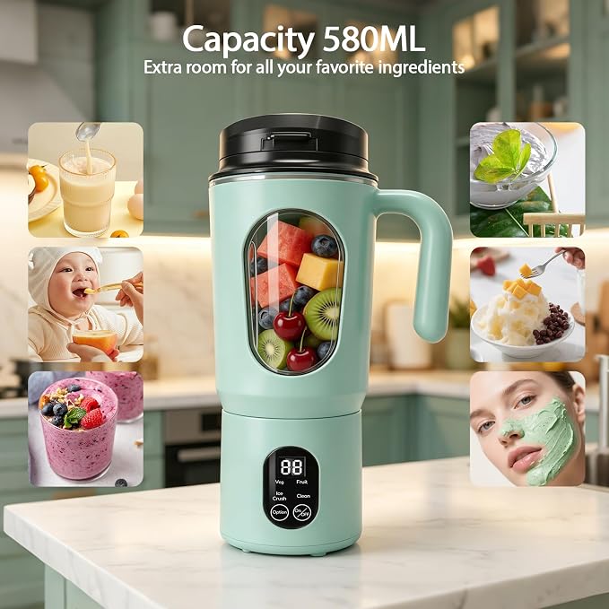 Personal Blender for Smoothies, 580ML USB-C Rechargeable | Portable Blender Cup, 12-Blade Smoothie Maker with Travel Lid, Handle & LED Display for Gym, Office, Travel and Outdoor