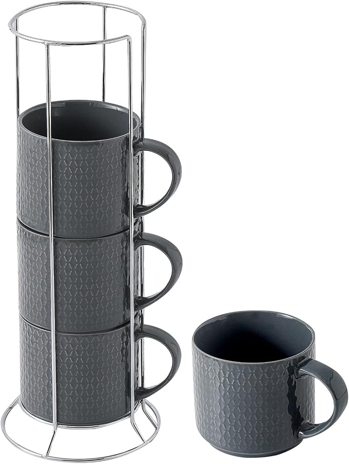 Hasense Coffee Mugs Set of 4 with Stand, 15 oz Porcelain Stackable Coffee Cups Set with handle for Tea, Latte, Milk and Cappuccino, Grey Embossed Tea Cups Set with Geometric Patterns for Men and Women