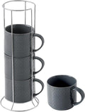 Hasense Coffee Mugs Set of 4 with Stand, 15 oz Porcelain Stackable Coffee Cups Set with handle for Tea, Latte, Milk and Cappuccino, Grey Embossed Tea Cups Set with Geometric Patterns for Men and Women