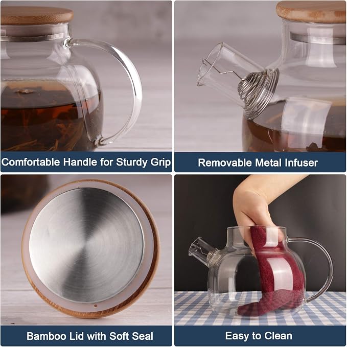CnGlass Glass Teapot Stovetop Safe,30.4oz Clear Tea pot with Removable Filter Spout,Loose Leaf and Blooming Tea Maker
