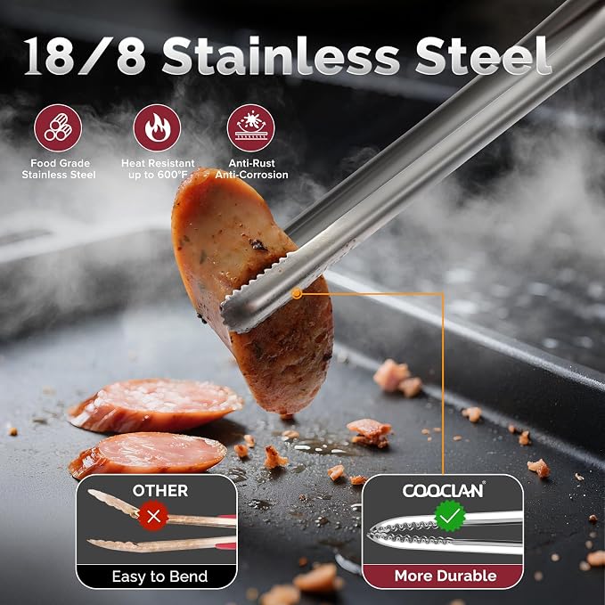 Precise Serrated Non-Slip Tips Cooking Tongs 2 Set (11.5" & 13.5") | Durable 18/8 Stainless Steel Metal Tweezers Tongs, Lightweight Easy Control for Frying, Plating, BBQ, Easy to Care & Clean