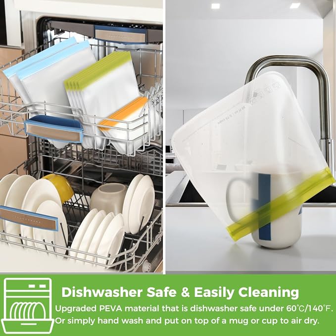 SPLF 12 Pack Dishwasher Safe Reusable Snack Bags | BPA Free Storage Bags, Extra Thick Leakproof Freezer Bags Silicone and Plastic Free Lunch Bags Food Storage
