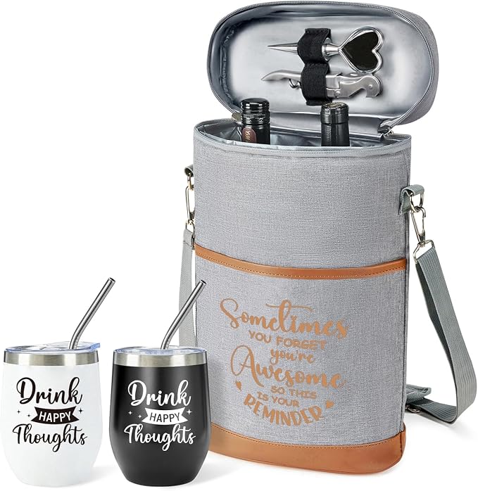 AW BRIDAL Birthday Gifts for Women Men, Drink Happy Thoughts Gift Basket for Housewarming and Beach Camping Travel, Insulated Wine Cooler Bag with Tumbler Mugs and Accessorie Set for Wine Lover Friend