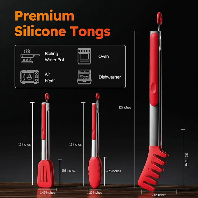 HST Tongs for Cooking with Silicone Tips(3 Pack), Non Stick Kitchen Tongs with Silicone Tip for Cooking BBQ Baking (12", Red)