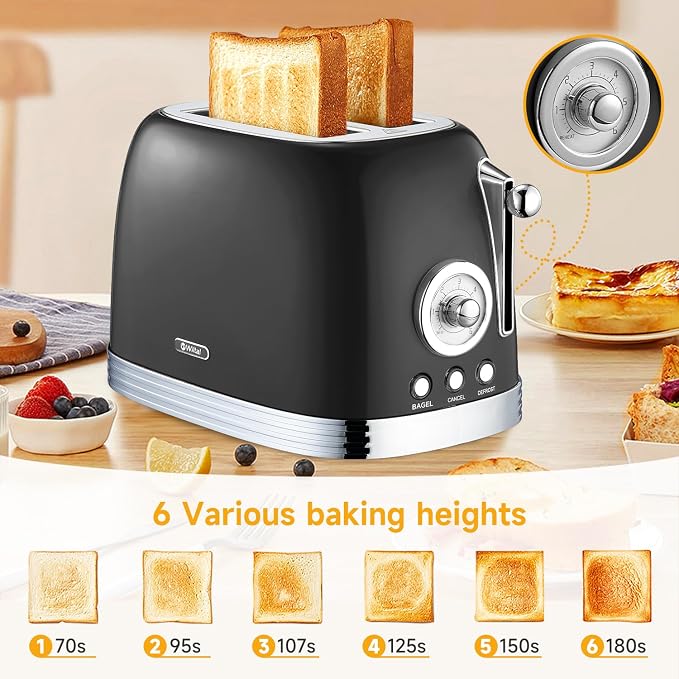 Wiltal Retro Toaster 2 Slice, 1.58" Extra Wide Slot Stainless Steel with Dust Cover and Warming Rack, Glossy Black Finish with Defrost/Reheat/Cancel Functions, Removable Crumb Tray