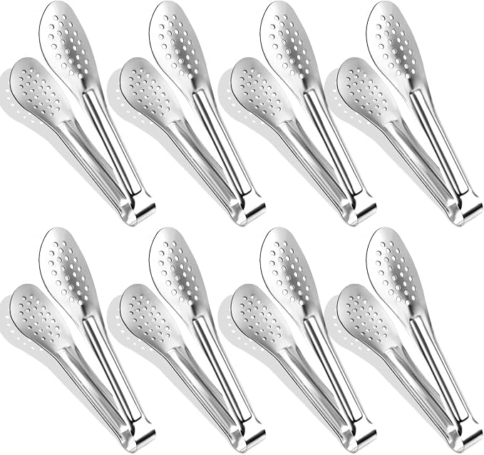 8PCS 12-Inch Serving Tongs,XEVOM Kitchen Tongs,Buffet Tongs,Stainless Steel | silver textured handles and slotted heads Food Tong small tongs,Serving Utensils for buffets, catering, and parties