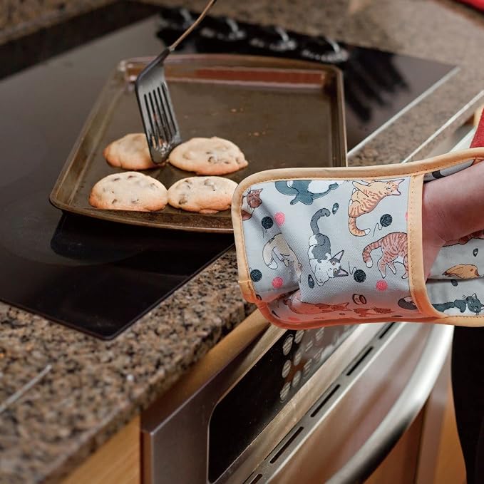 Pot Holders Set of 2 Heat Resistant 480℉ Kitchen 100% Cotton | Comfortable Lining Printing Fox Flower Women Men Home Cooking Baking Microwave BBQ Gift (Cat potholder)