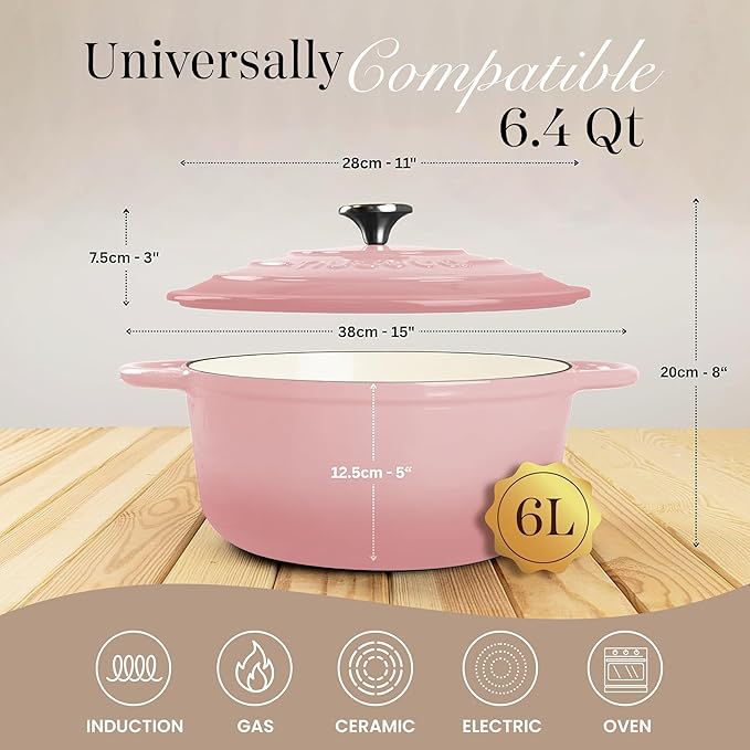 Nuovva Enamelled Cast Iron Dutch Oven Pot with Lid 6.4 Quart Non Stick Casserole Pot-Heavy Duty & Oven Safe up to 500° F for Bread Baking, Braising, Stews, Roasting - 28cm Pink