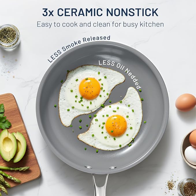 Kikcoin Ceramic Nonstick Frying Pan Set, 3 Pack 8/9.5/11 Inch Skillets, PFAS-Free Non Toxic Pans for Cooking, Induction, Oven & Dishwasher Safe