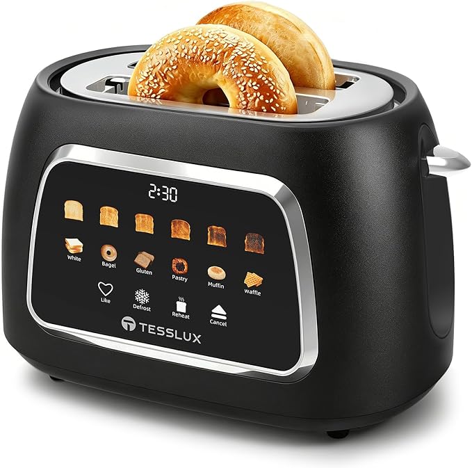 Tesslux Toaster 2 Slice, Extra Wide Slot, 800W, Touch Screen Panel, Black | LED Countdown, Defrost, Reheat, Cancel, 6 Bread Modes, 6 Browning Levels, Crumb Tray, Matte Black Stainless Steel