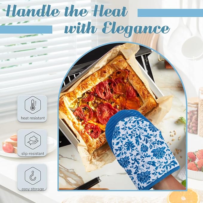 Ribbed Mini Oven Mitts 2-Pack Set, 5.5"x8.5", Blue and White Flower Printed, Heavy Duty Cotton, Non-Slip Heat Resistant Soft Silicone Oven Mitts with Hanging Loop for Cooking Kitchen Decor