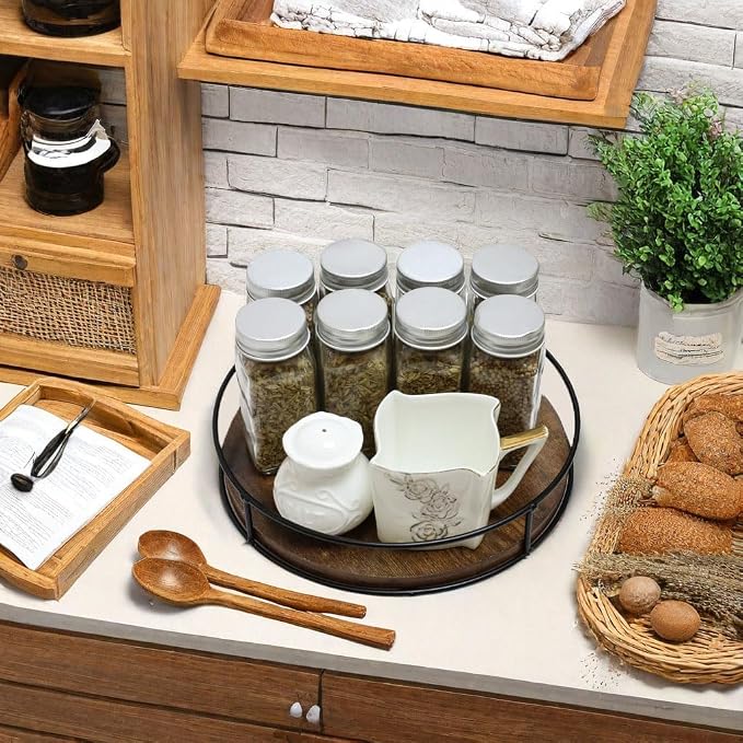 9" Rustic Brown Wood Lazy Susan,360° Decorative Turntable for Countertop