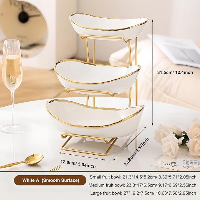 Gold Silver Fruit Bowl with Metal Stand, 3 Tier Ceramic White Fruit Bowl Fruit Rack for Kitchen Counter, Tiered Fruit Basket for Snacks Bread Candy Storage (White A (Smooth Surface))