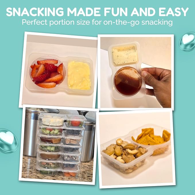 Reusable Snack Containers with Lids 50 Pack (100 Pieces) Portion control, Snack Pack Containers 2 Double Compartment Snack Containers for Kids On the Go Meals, Camping Snack Tray Prep