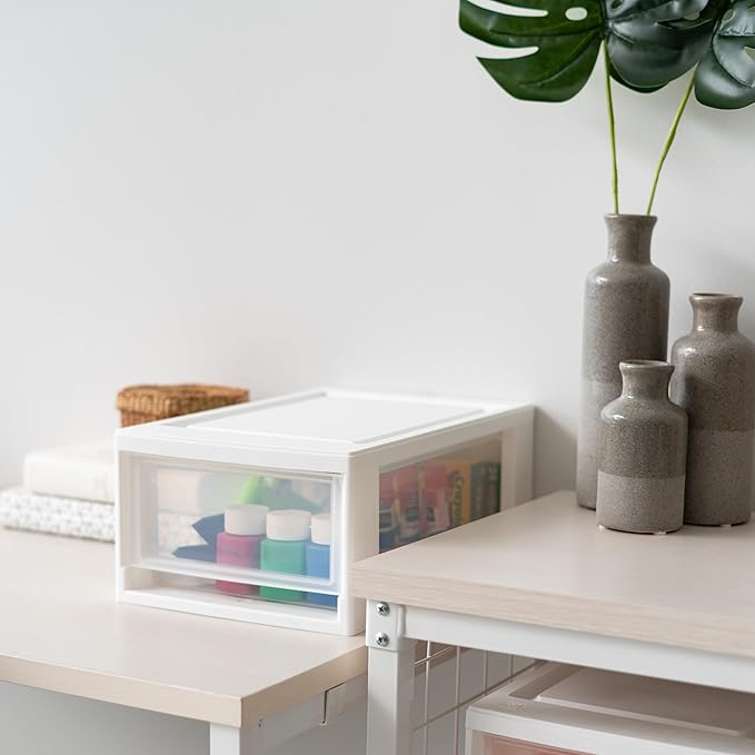 IRIS USA 2-Pack, 6 Qt. Small Stacking Drawer Storage Organizer, White | Keep craft supplies, accessories, office items, and small essentials organized around your home for easy everyday storage