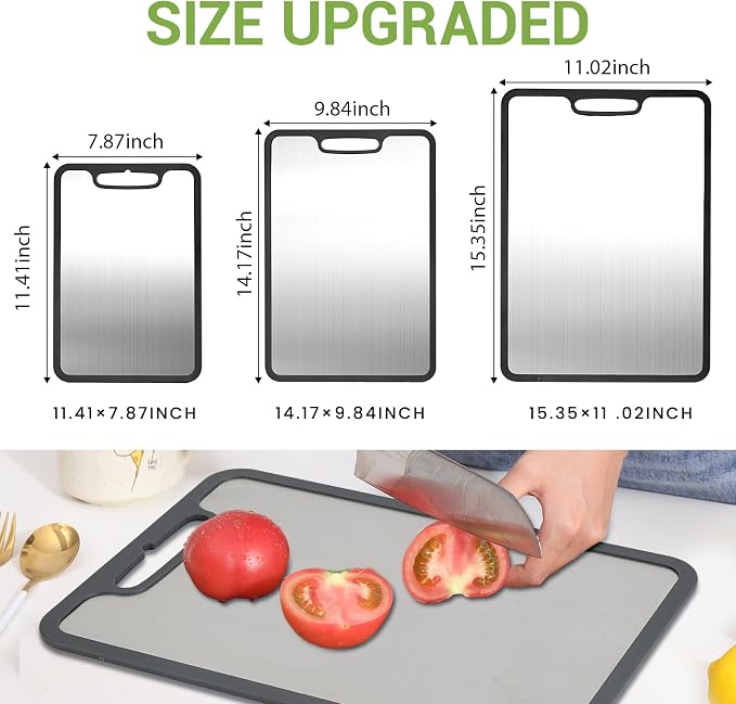Titanium Cutting Board Set of 3, 360° Silicone Anti-Slip Edge, Non-Porous & Odor Resistant Metal Cutting Boards for Raw Meat, Fish, Vegetables and Meal Prep, Easy to Clean & Dishwasher Safe | Non-Porous & Odor Resistant, Easy to Clean & Dishwasher Safe...