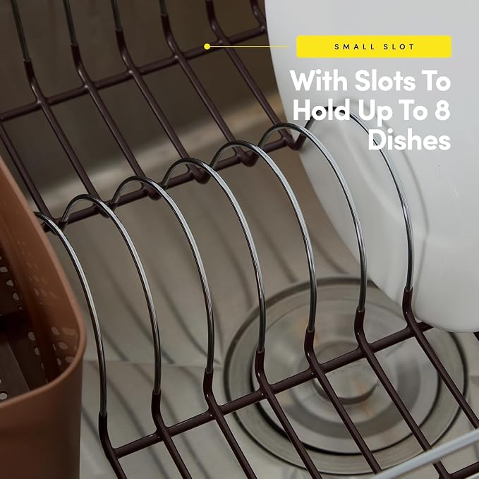 Dish Drying Rack & Cutlery Holder 2 Piece Set - Compact Sink-Fitting Dish Drainer with Rubberized Undercoating, Space-Saving Kitchen Organizer for Plates, Cups, Bowls & Utensils in Sink, Bronze Brown