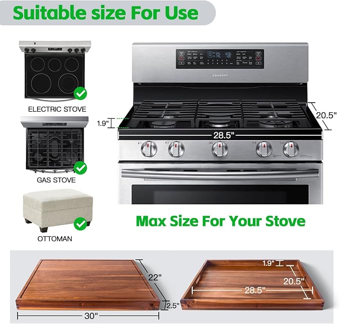 DAOYOUSKY 30x22 Acacia Noodle Board Stove Cover Wood with Handles, Wooden Stovetop Cover Cutting Board with Juice Groove for Gas Stove and Electric Stove Top, kitchen sink cover for counter space