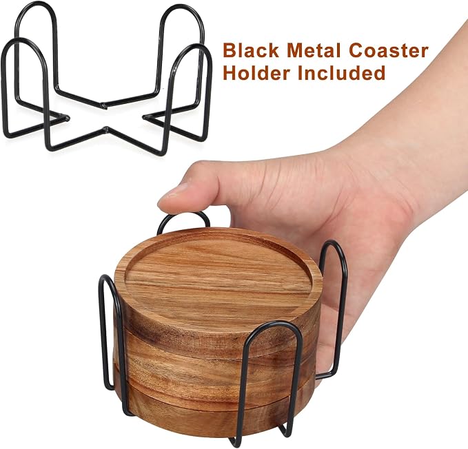 Wood Coasters Set of 4 Farmhouse Outdoor Coster for Drink Patio Table Decor | Cute Wooden Coaster with Holder Rustic Coffee Bar Accessories Kitchen and Dining Room Decoration Aesthetic Cool Cup Coasters