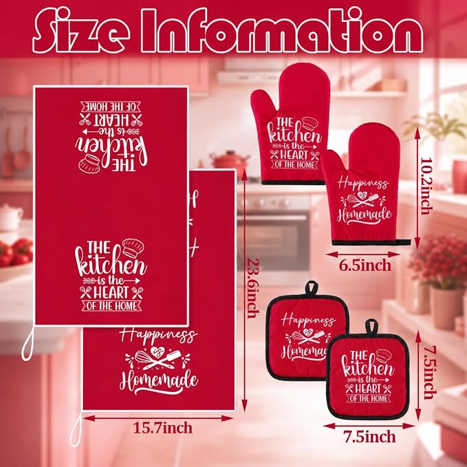 Sratte 6 Pcs Kitchen Decor Accessories Set, Kitchen, Red | Farmhouse Kitchen Towels Pot Holders Oven Mitts Set 2 Dish Towels 2 Potholders 2 Cooking Mittens for Baking Cooking Supply
